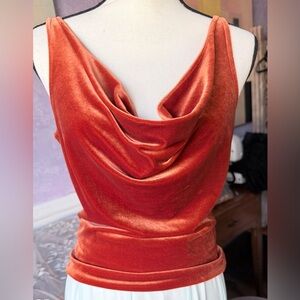 SZ M Bruno Deluc Burnt Orange Velvet Cowl Neck Drape Top